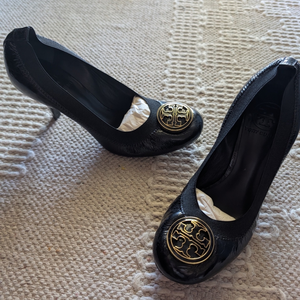 Tory Burch Black Heels with Gold Emblem